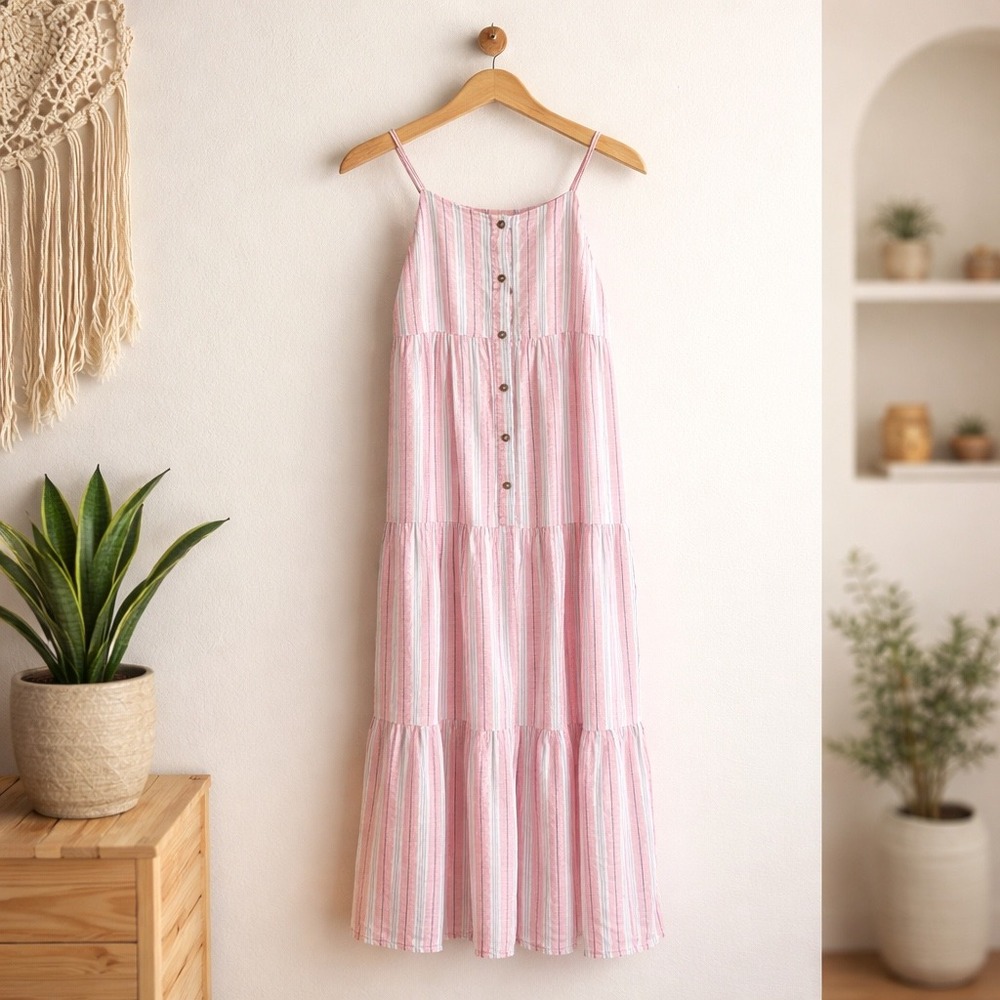 Splendid Pink Blue Striped Linen Blend Tiered Maxi Dress XS Coastal Cottagecore